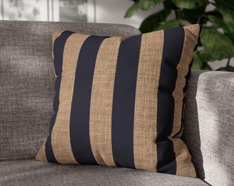 Nautical Navy Blue Stripes Pillow Cover, Sailing Theme, Sandy Beige Linen Texture, Coastal Home Decor