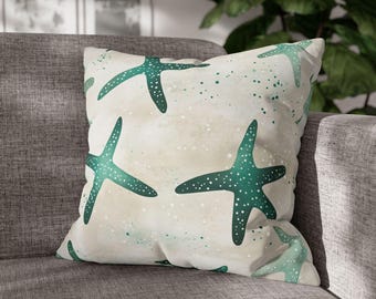 Vintage Beach Teal Abstract Starfish Coastal Art, Retro Seaside Sand And Teal Coastal Collection Pillow Cover