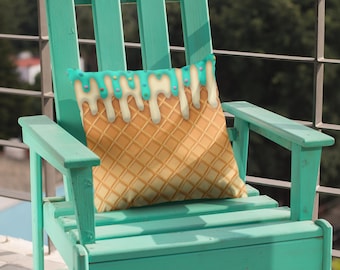 Ice Cream Throw Pillow Cover/ Ice Cream Drip Waffle Cone Mint And Vanilla With Sprinkles Summer Décor