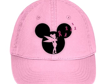 Disney Breast Cancer Awareness Hat/ Mickey, Tinkerbell Glitter Pink Ribbon Breast Cancer Hat/ Disney Cancer Awareness Mickey Baseball Cap