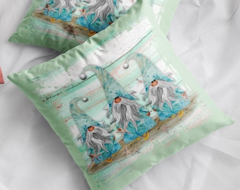 Gnome Beach Throw Pillow Cover/ Tropical Starfish Blue Watercolor Beach Gnomes Décor/ Coastal Beach Pillow Gift