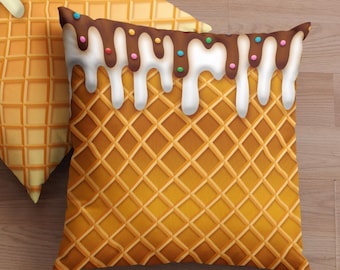 Ice Cream Throw Pillow Cover/ Ice Cream Drip Waffle Cone Chocolate And Vanilla With Sprinkles Summer Décor