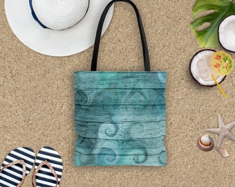 Nautical Tote Bag/ Ocean Waves Sea Life Illustration Coastal Tropical Large Beach Bag