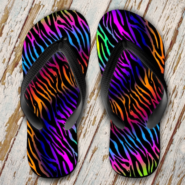 Zebra Flip Flops/ Animal Print Flip Flops/ Tie Dye Flip Flops/ Animal Print Tie Dye Flip Flops/ Neon Rainbow Colored Blacklight Flip Flops