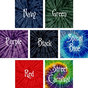 May include: A collection of tie-dye fabric swatches in various colors, including navy, green, purple, black, spiral blue, red, and street carnival. Each swatch features a spiral pattern with the color name in white script.