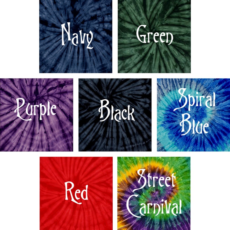 May include: A collection of tie-dye fabric swatches in various colors, including navy, green, purple, black, spiral blue, red, and street carnival. Each swatch features a spiral pattern with the color name in white script.