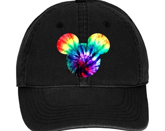 Disney Hat/ Mickey Mouse Tie Dye Hat/ Disney Mickey Rainbow Tie Dye Retro Baseball Hat/ Disney Vacation Adjustable OSFA Summer Cap