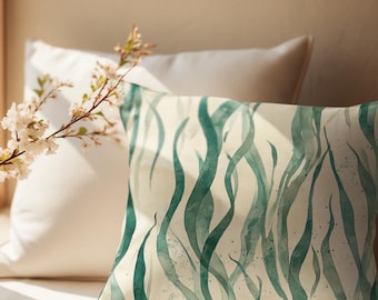 Emerald Green Ombre Seaweed Watercolor Vintage Coastal Nautical Beach Art Pillow Cover