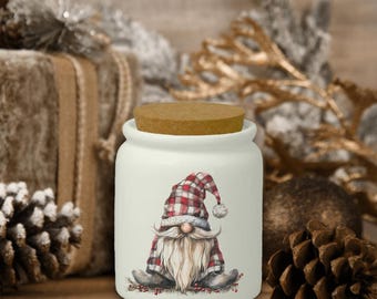 Christmas Ceramic Jar/ Watercolor Nordic Gnome Rustic Red Plaid Winter Holiday Sugar/ Tiered Tray Décor With Cork Lid Kitchen Gift