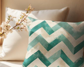 Emerald Green Abstract Chevron Watercolor Vintage Coastal Nautical Beach Art Pillow Cover