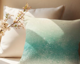 Seaside Blue Ombre And Creamy Speckled Sand Watercolor Coastal Shore Vintage Weathered Beach Pillow Cover