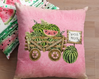 Watermelon Throw Pillow Cover/ Watercolor Pink Green Watermelon Harvest Farmhouse Wood Cart Sign Summer Décor