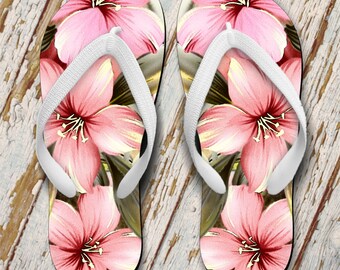 Hibiscus Flip Flops/ Hawaiian Flip Flops/ Pink Hibiscus Illustration Summer Flip Flops/ Hawaiian Floral Flip Flops