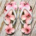 Hibiscus Flip Flops/ Hawaiian Flip Flops/ Pink Hibiscus Illustration Summer Flip Flops/ Hawaiian Floral Flip Flops 