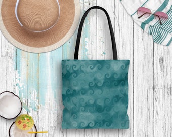 Nautical Tote Bag/ Blue Curled Ocean Waves Digital Watercolor Illustration Coastal Tropical Large Beach Bag