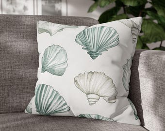 Creamy Natural Taupe And Blue Watercolor Seashells, Morning Blue Coastal Collection, Beach Pillow Cover