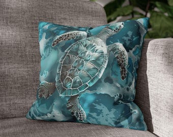 Coastal Sea Turtle Pillow Cover, Aqua Blue Ocean Waves Beach Foam Bubbles, Home Decor Gift, Coastal Throw