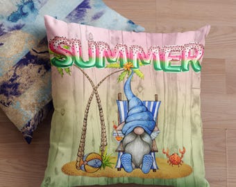 Summer Gnome Throw Pillow Cover/ Watermelon Letter Balloons And Beach Gnome With Palm Trees Summer Décor