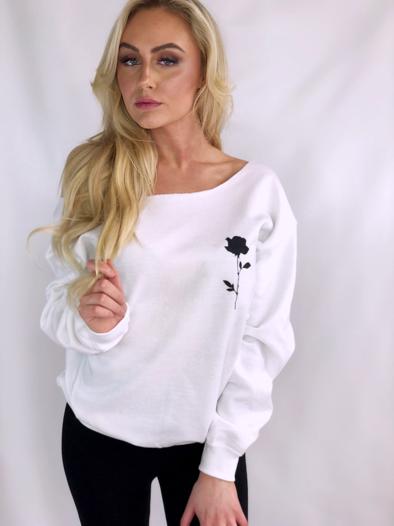 Rose Sweatshirt Off The Shoulder Top Womens Sweatshirt Single Rose Sweater Gifts For Her Tumblr Sweatshirts Festival Womens Clothing