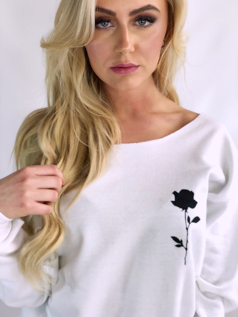 Rose Sweatshirt Off The Shoulder Top Womens Sweatshirt Single Rose Sweater Gifts For Her Tumblr Sweatshirts Festival Womens Clothing
