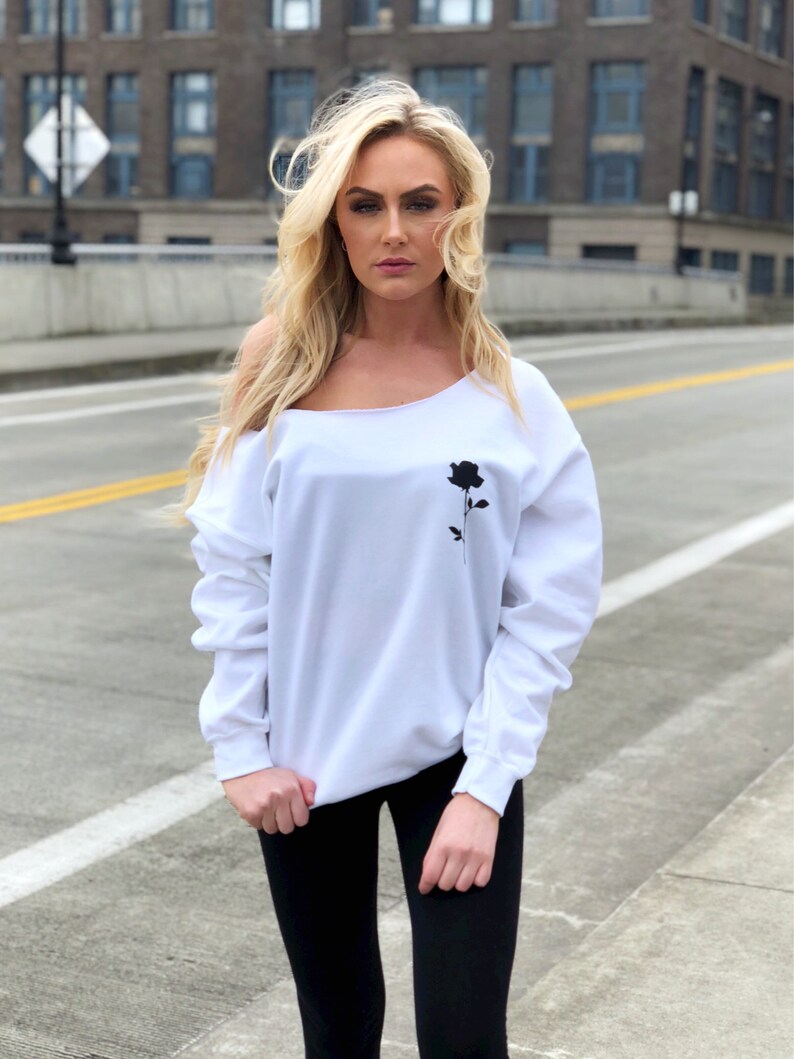 Rose Sweatshirt Off The Shoulder Top Womens Sweatshirt Single Rose Sweater Gifts For Her Tumblr Sweatshirts Festival Womens Clothing