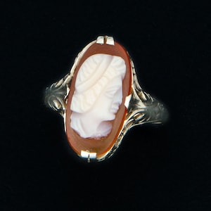 Art Deco 14k filigree ring with hard stone cameo antique gem stone carved size