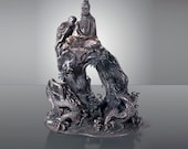 Japanese Meiji bronze sculpture Kannon sits above dragon rising from the sea