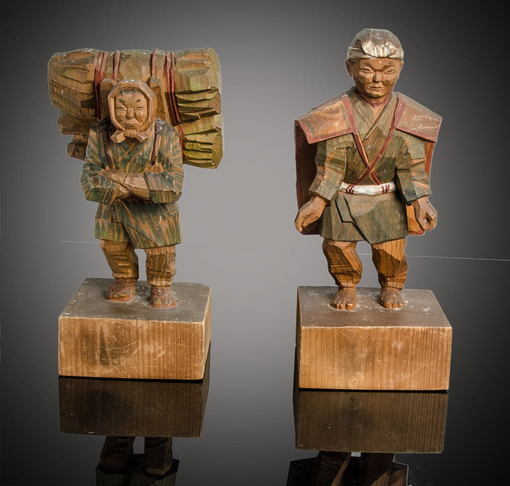 Pair of Japanese carved wood figures circa 1910 Etsy