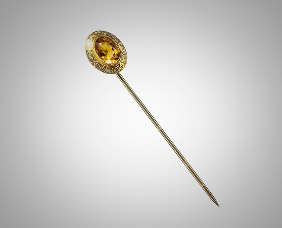 Arts & Crafts 14k stick pin w/oval faceted citrine - image 2