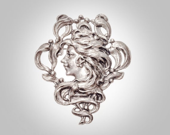 Art Nouveau sterling ladies head brooch - image 1