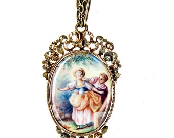 French 18k pendant necklace with miniature painting on 14k chain