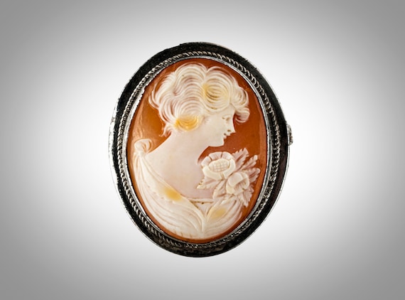 Art Deco carved shell cameo sterling mounted broo… - image 1