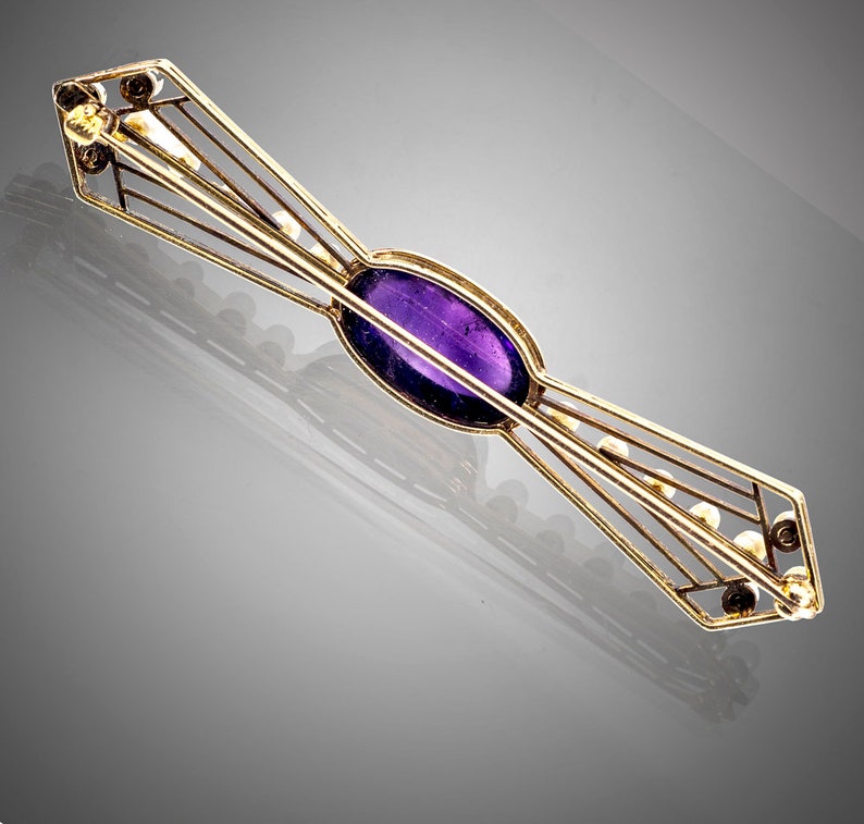 18k amethyst cabochon & seed pearls brooch image 3