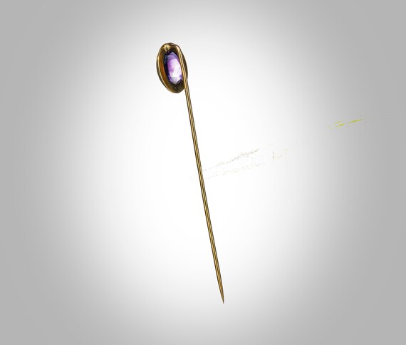 Arts & Crafts 14k stick pin w/oval amethyst caboc… - image 4