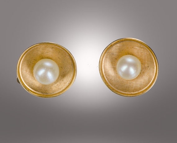 14k and pearl clip earrings mid century modern de… - image 1