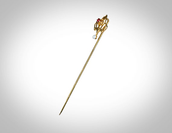 Art Deco 14k yellow gold paste & pearl  stick pin… - image 3