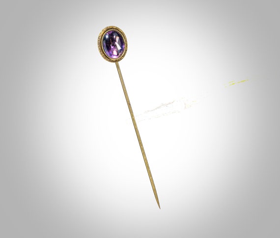 Arts & Crafts 14k stick pin w/oval amethyst caboc… - image 2