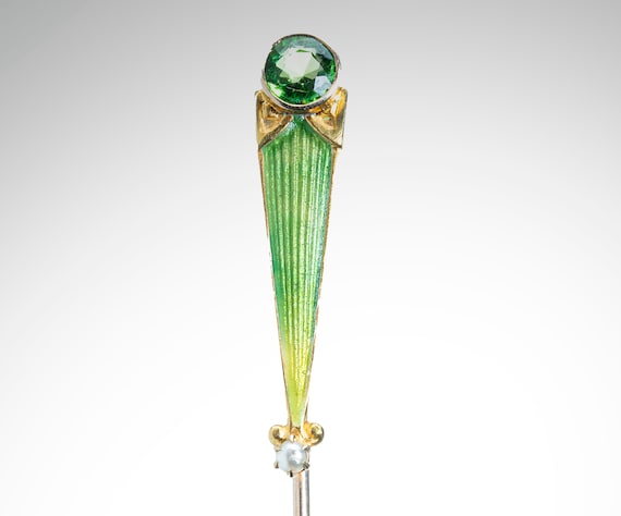 14k enamel tourmaline & pearl stick pin - image 1