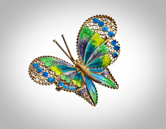 800 gilt silver filigree enameled butterfly - image 2