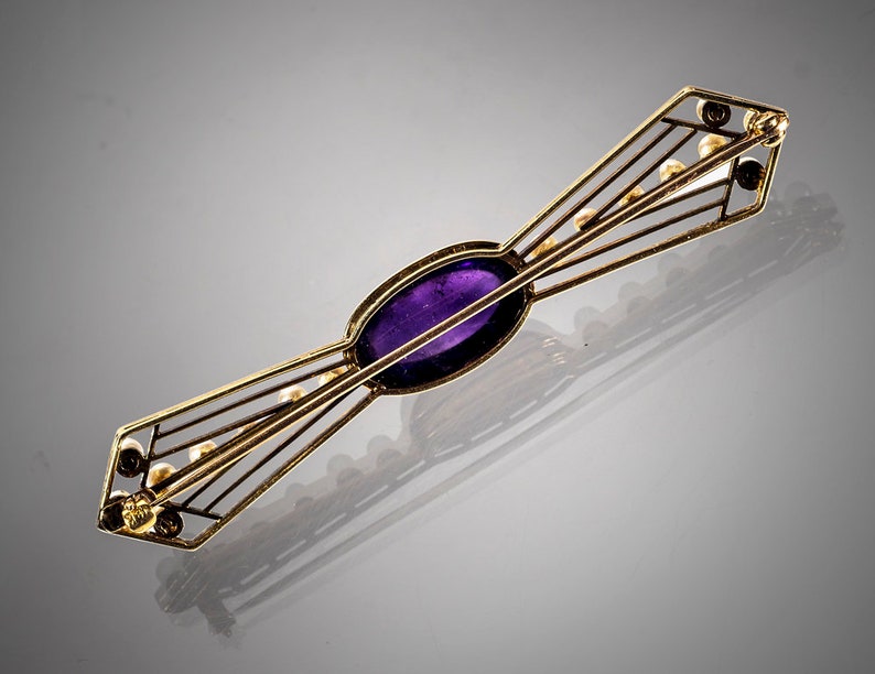 18k amethyst cabochon & seed pearls brooch image 2