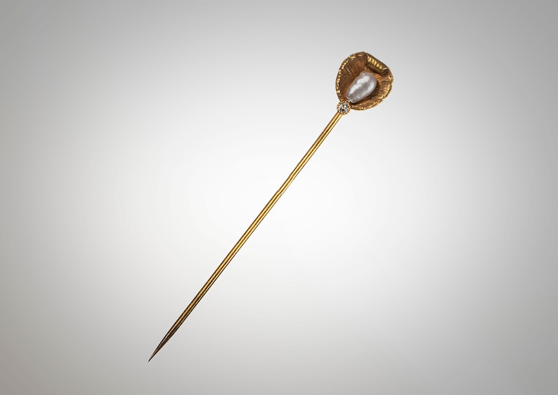 Art Nouveau 14k pearl diamond stick pin