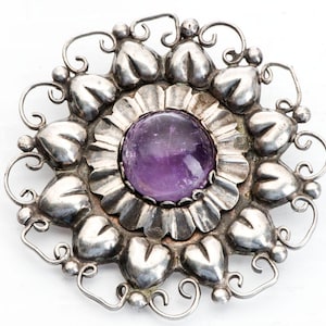 Mexico Sterling & amethyst large brooch with heart shapes