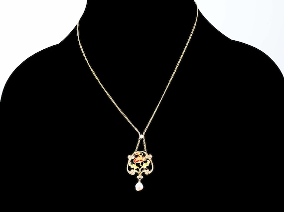 A E Burgess 14k enameled Art Nouveau necklace 17"