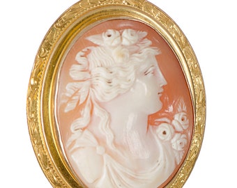 Cameo portrait carved shell in 10k yellow gold