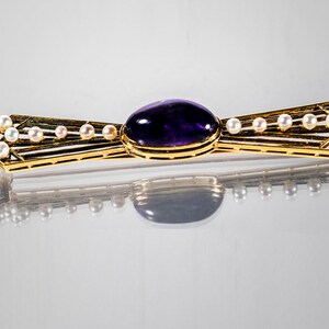 18k amethyst cabochon & seed pearls brooch image 5