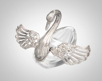 Sterling & cut glass swan with articulated wings double well salt cellar