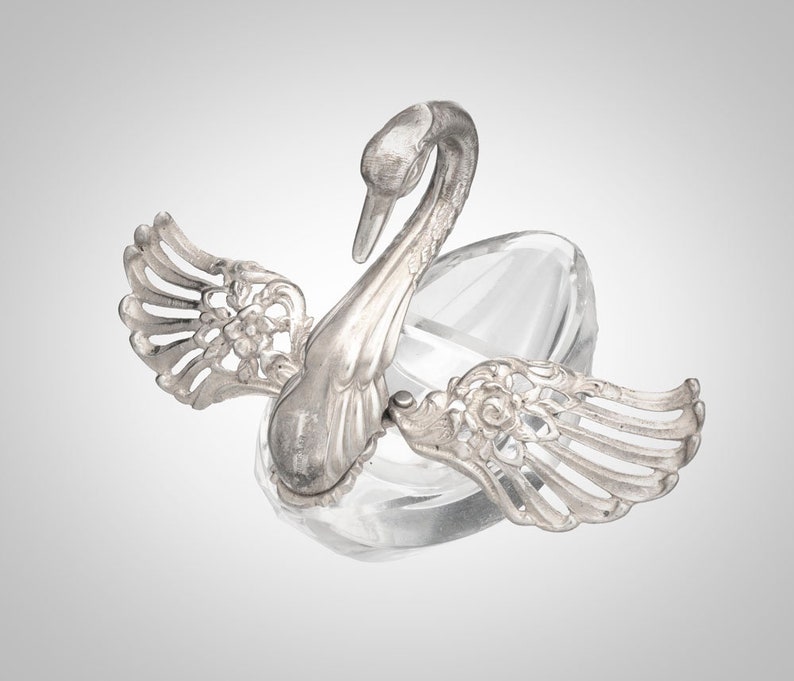 Sterling /& cut glass swan with articulated wings double well salt cellar