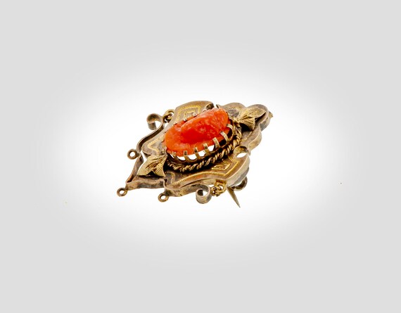 14k carved coral cameo Victorian brooch - image 3