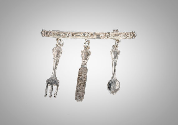 sterling miniature knife fork spoon brooch - image 1