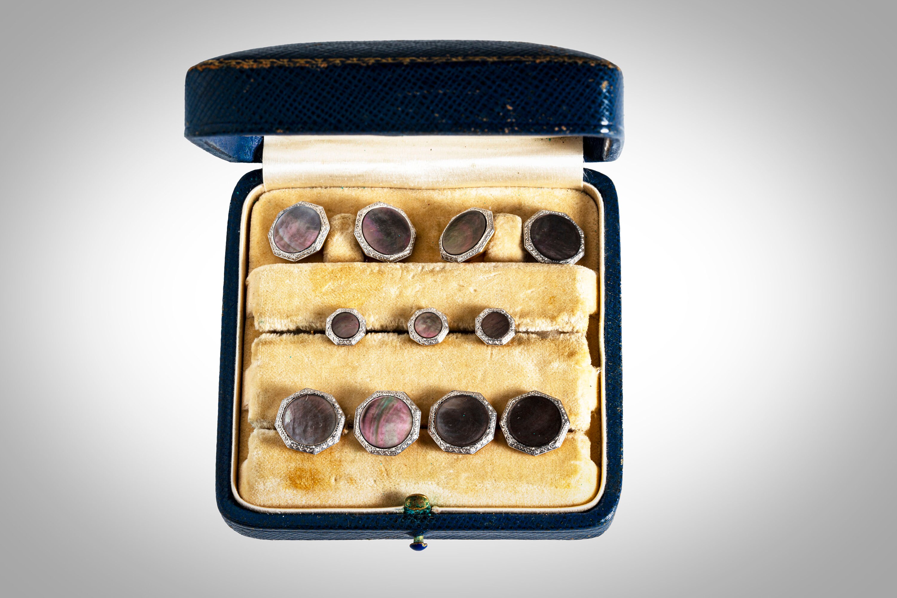 Art Deco Krementz 14k Gold Platinum abalone Inlay Tuxedo Stud Set